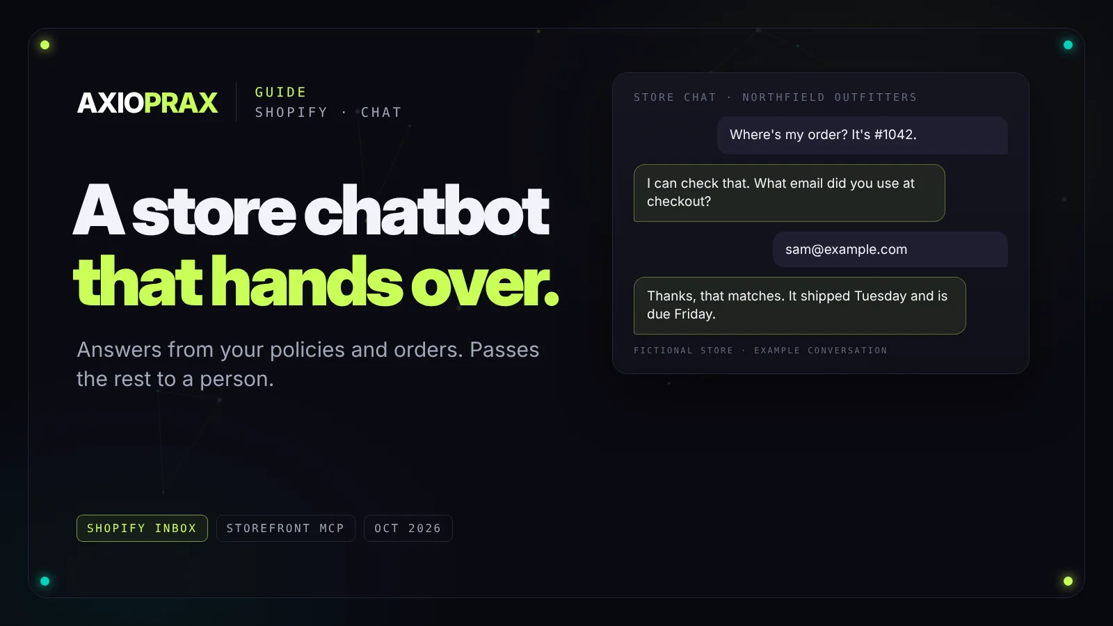 Building an AI chatbot for a Shopify store: answer from your own policies, products and orders, hand the rest to a person, and verify the customer before sharing order details.