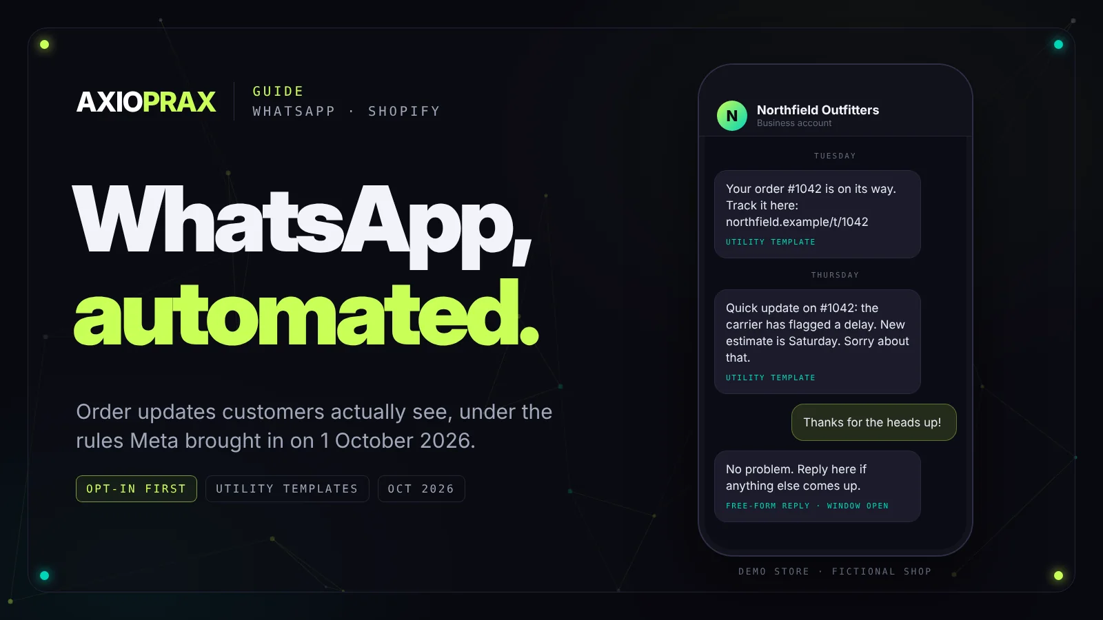 WhatsApp, automated. A demo store chat with two order update templates, shipped and delayed, and a customer reply. Demo store, fictional shop.