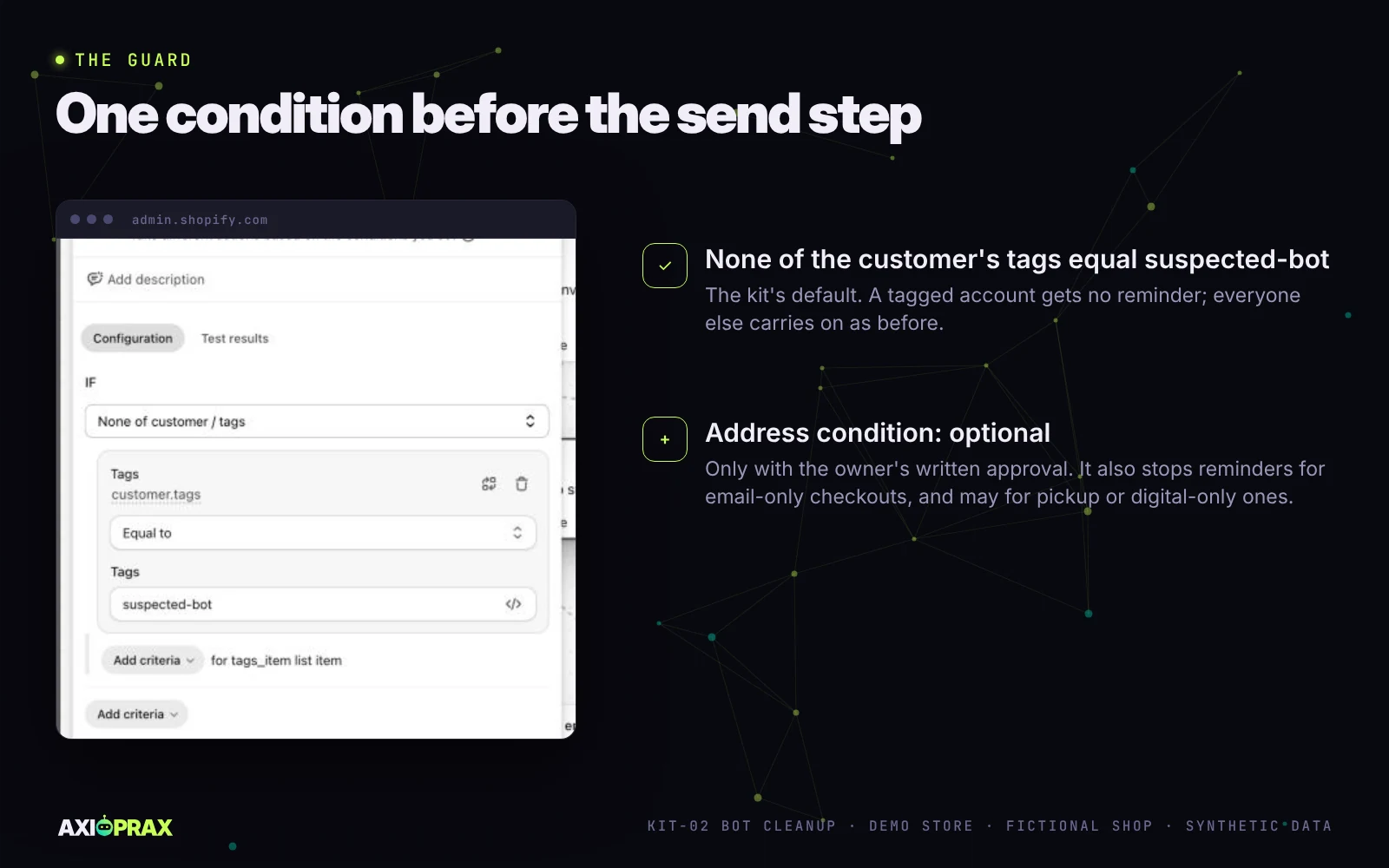 The kit's guard in Shopify Flow: a condition set to None of customer tags equal to suspected-bot.