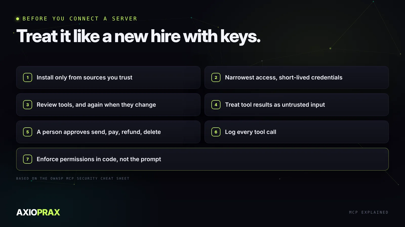 Security checks before connecting an MCP server. Install only from sources you trust. Give each server the narrowest access and short-lived credentials. Review tool definitions and re-review when they change. Treat tool results as untrusted input. Require a person's approval for sending, paying, refunding or deleting. Log every tool call. Enforce permissions in your own code, not in the prompt.