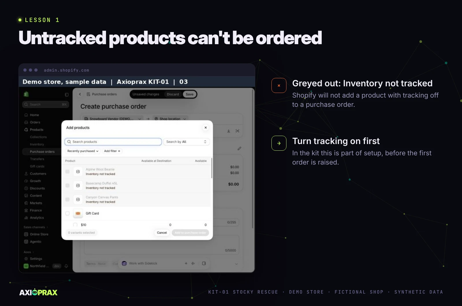 Shopify's add products picker on a new purchase order, with three products greyed out and labelled Inventory not tracked.
